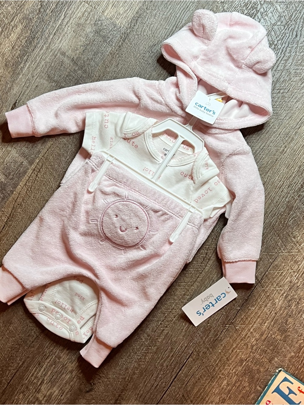Carter's Baby Girls Newborn 3 Piece Pink Terry Hooded Outfit Set NWT - Picture 2 of 8